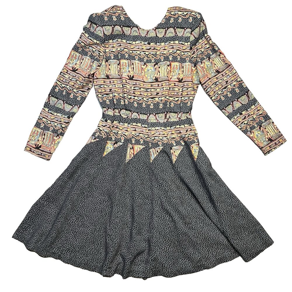 Vtg 90s Taurus Colorful geometric Pleated Fit & Flare Dress Sz 6 - Picture 1 of 9